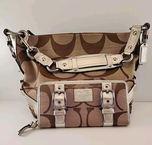COACH C0826-10619 Brown  Khaki Silver Purse Shoulder Bag Matching Wallet - Picture 1 of 9