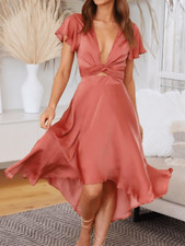 Cute Plunge Flutter Sleeve Sateen Midi Tea Length Dress Sz Large Wedding Guest