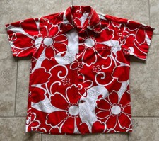 Vintage 60  s 70  s Hawaiian Loop Collar Shirt M/L Cotton Floral Red White Hippy