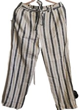 Love Tree Linen Blend Pants Women's L Striped Straight Leg Elastic Waist Tie