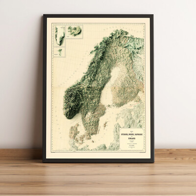 Scandinavia Map, Scandinavia 2D Relief Map, Scandinavia Vintage Map - 2D Flat