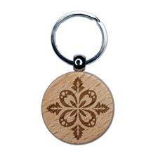 Forest Flower Petal and Leaf Design Engraved Wood Round Keychain Tag Charm
