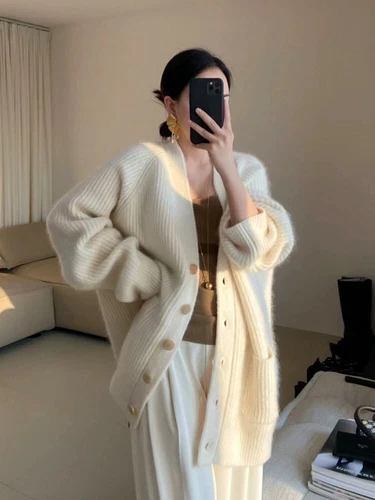 100% Wool Cashmere Cardigan Sweater Women Warm Loose Thicken Knit Sweater Jacket - Bild 3 von 13