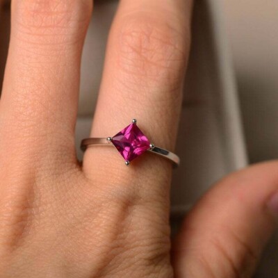 Pink Princess Cut Cubic Zirconia Solitaire Birthstone 925 Sterling Silver Ring