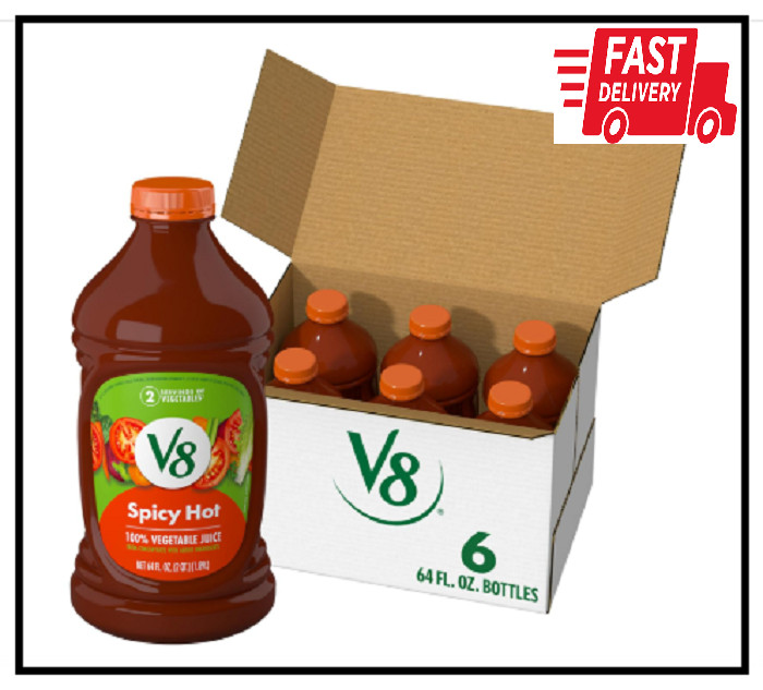 V8 Spicy Hot 100% Vegetable Juice 64 fl oz Bottle 6 Pack - Nutrient-Rich Drink