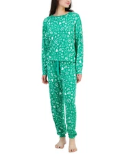 Womens 2 Pc Pajama Set Holiday Doodle Green Large JENNI $59 NWT