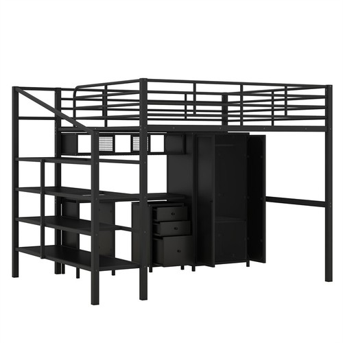 Full Size Metal Loft Bed w/Desk Set ,Wardrobe & Storage Shelves for Teen Adults - Picture 11 of 18