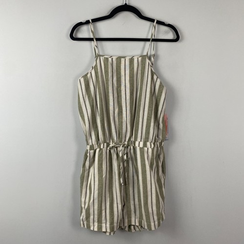 CI SONO Serena Romper Size Medium Green Stripe Drawstring Waist Linen Blend