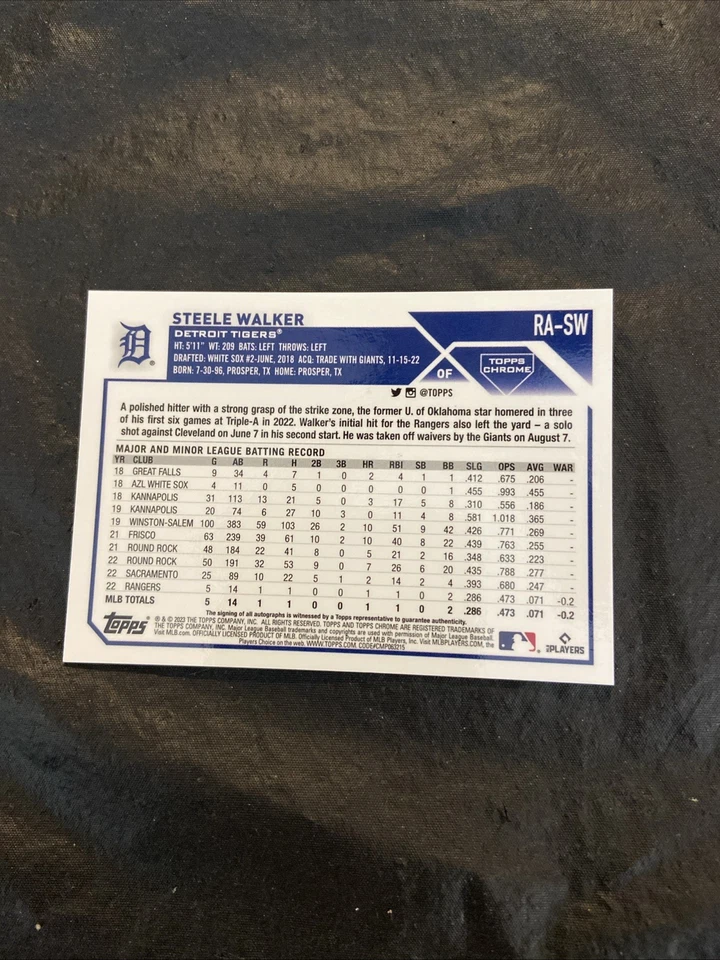 Steele Walker 2023 Topps Chrome Rookie Autograph RA-SW Detroit Tigers - Image 2 of 2