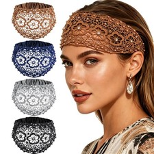 4 Pcs Lace Headbands Set Wide Boho Pearl Headbands for - Floral Beaded Lace E...