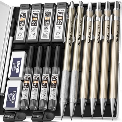 Nicpro 6PCS Metal Mechanical Pencil Set, Full Copper 28 Piece Gold