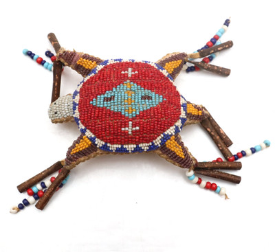 RARE OLD NATIVE AMERICAN BEADED Vintage LEATHER FETISH AMULET Turtle Antique