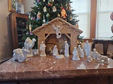 16 Piece Ceramic Nativity With Manger Vintage Handmade