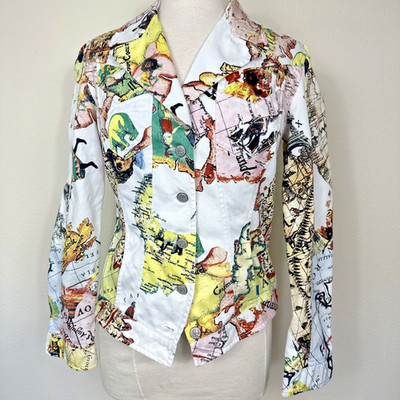 VTG CHRISTIAN LACROIX Womens SZ 10 Cropped Jacket 1990's 5 Button Printed Map
