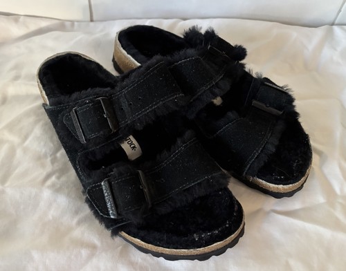 Birkenstock Arizona Lammfell Wildleder Leder Sandalen schwarz 36 US 5-5,5 NEU 165 $ - Bild 3 von 9