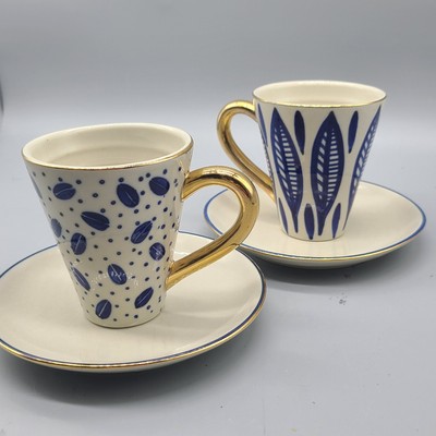 KERSTIN TILLBERG Set (2) Coffee Cups+Saucers SWEDISH DESIGN  Blue Gold New
