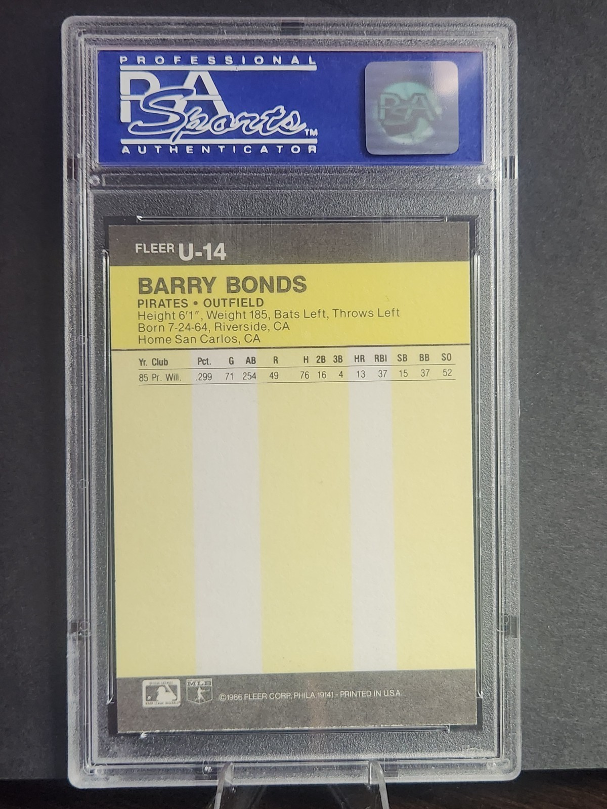 Fleer 1986 Update Barry Bonds Rookie #U-14 PSA 9 Graded Pirates MLB Card view 2