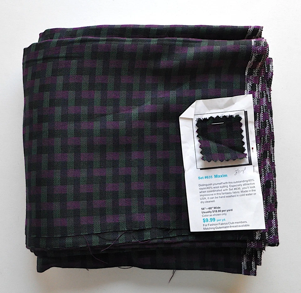 Teal & Purple Wool & Rayon Woven Check Suiting Yardage 3.5 Yd 61 W Luxury Fabric - Image 2 of 4