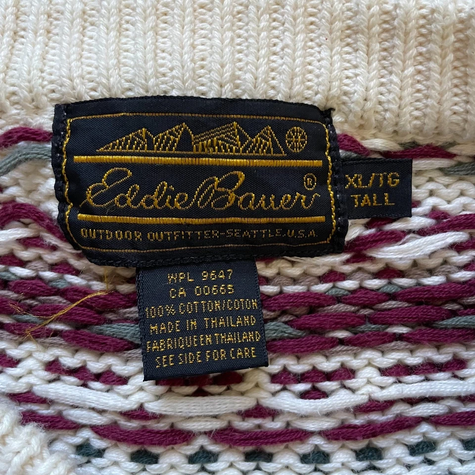 Vintage Eddie Bauer Cotton Fair Isle Nordic Heritage Grandpa Sweater XL Tall - Image 4 of 4