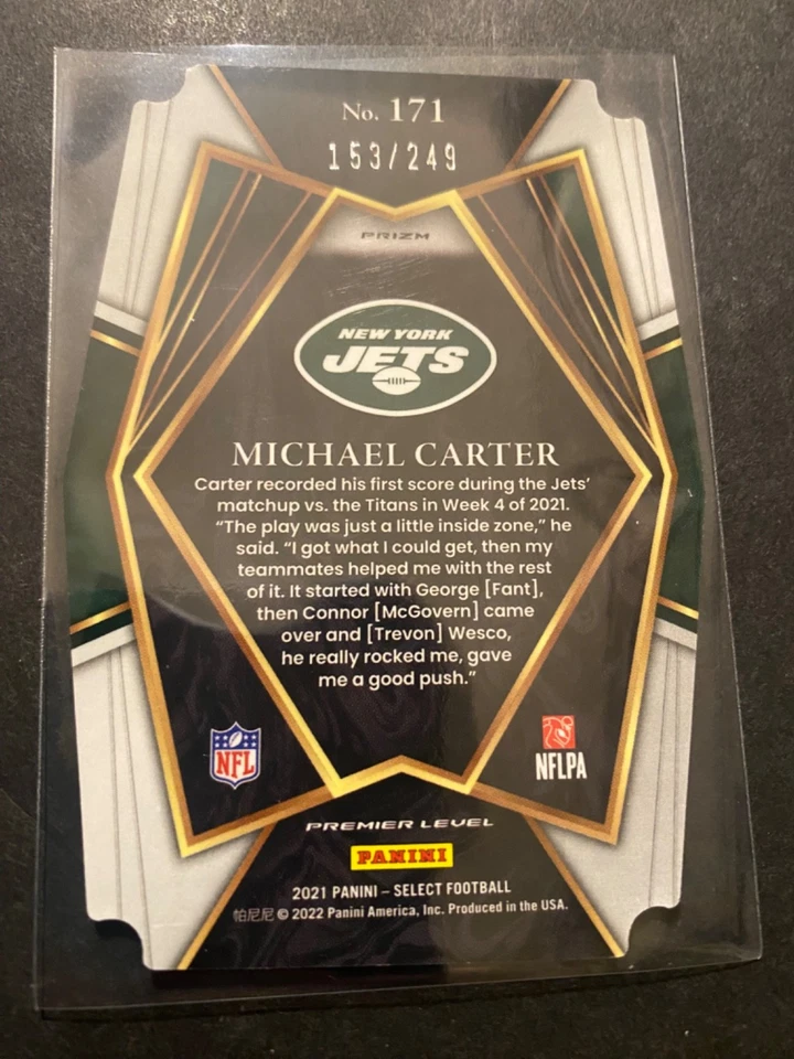 Michael Carter – 2021 NFL Premier Level Orange Prizm Die-Cut RC Serial #153/249 - Image 2 of 2