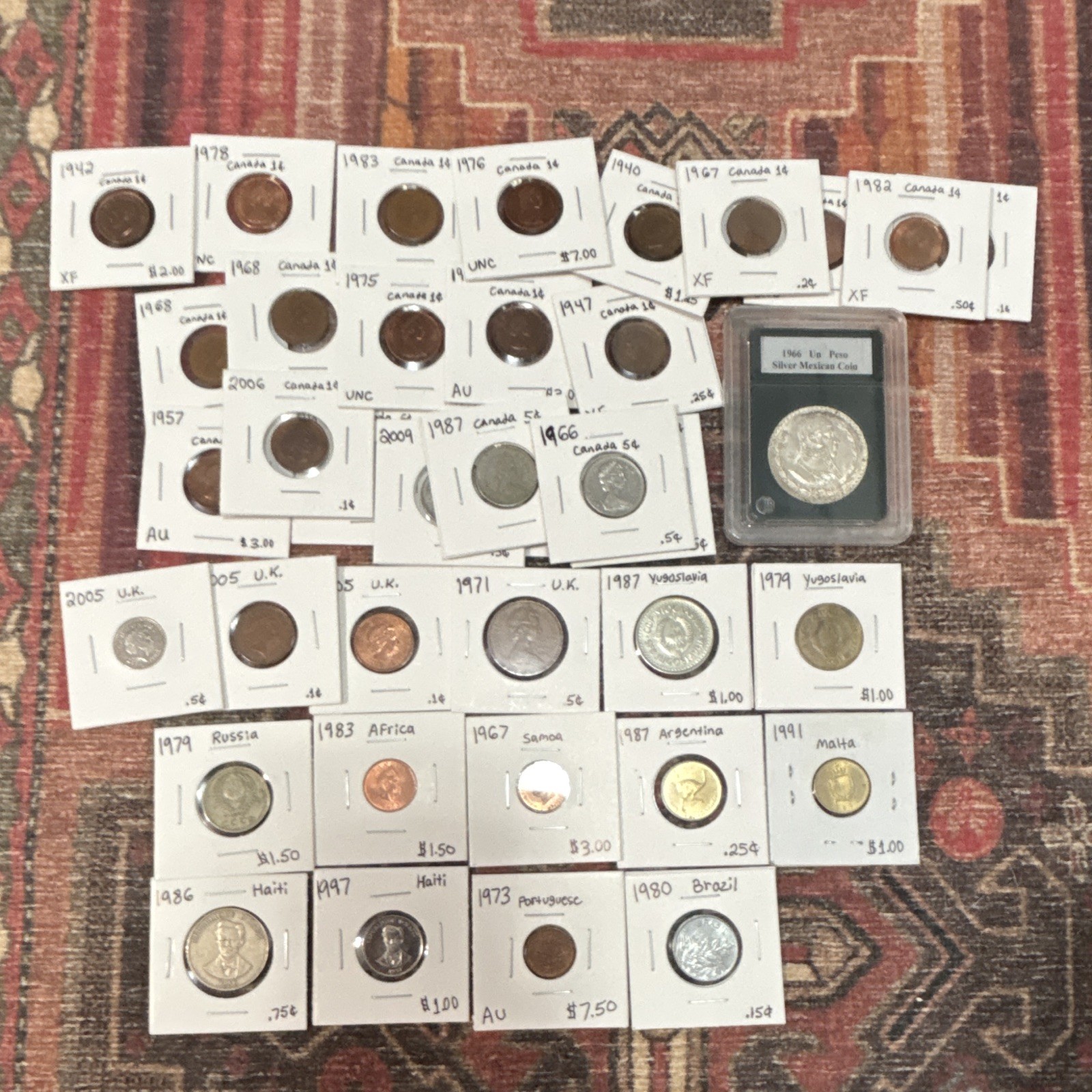 World Coin Lot in 2x2 Holders w/ 1966 Mexican Un Peso Silver, 1940-1966