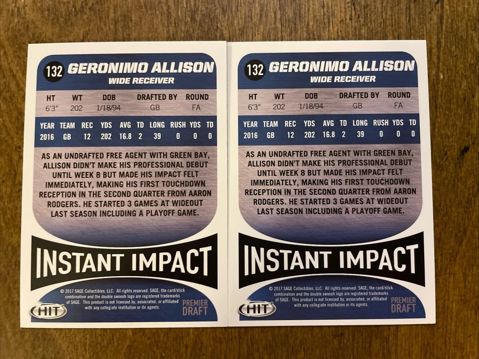 (2) Geronimo Allison RC 2017 Sage Hit Instant Impact Rookie Lot #132 CombineShip - Image 2 of 2