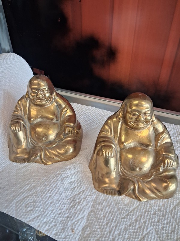 pair of solid copper Laughing Buddha Seated Figurine Statues, Buddhism
