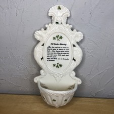 Old Gaelic Blessing PORCELAIN Wall Pocket PLANTER Shamrocks with Leaf Scrolls
