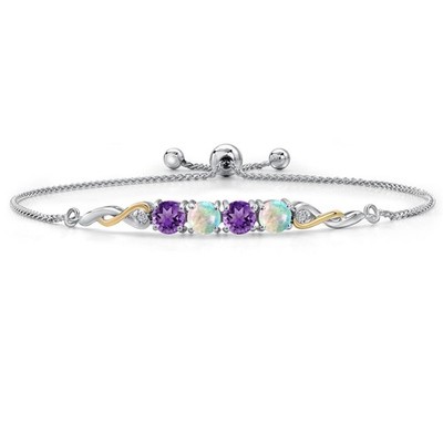 925 Silver and 10K Yellow Gold Amethyst and Simulated White Opal and White Lab