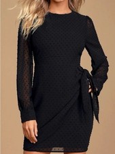 Lulu's Black Swiss Dot Long Sleeve Tie-Waist Dress Size Large NWT