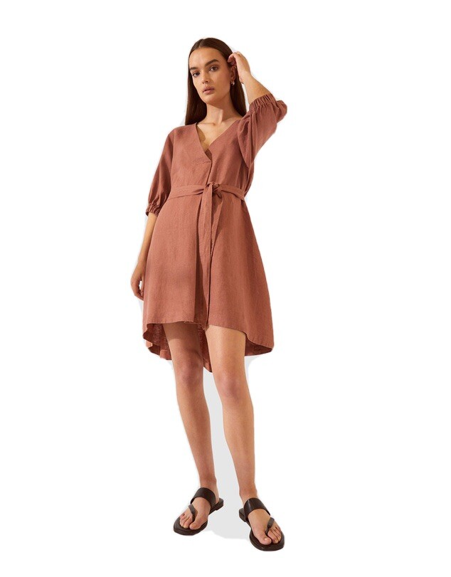Saba Linen Tie Mini Dress In Rust - Size M | eBay Australia
