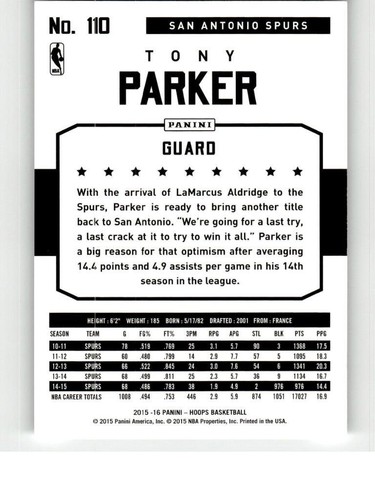 TONY PARKER CARD #110 B227R5S3P9 FREE SHIPPING - Picture 2 of 2