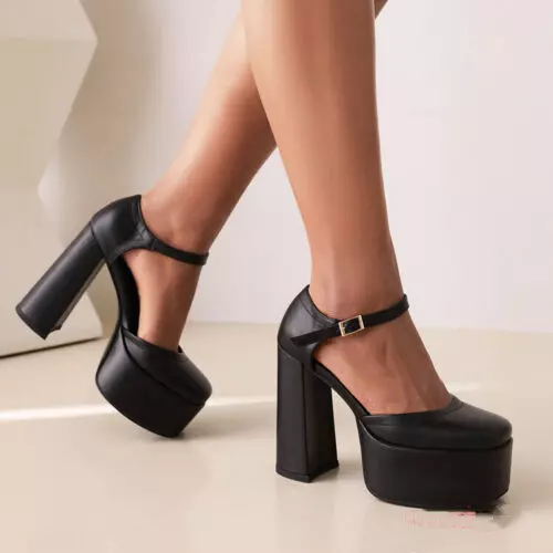 Women Platform High Chunky Heels Square Toe Ankle Strap Mary Janes