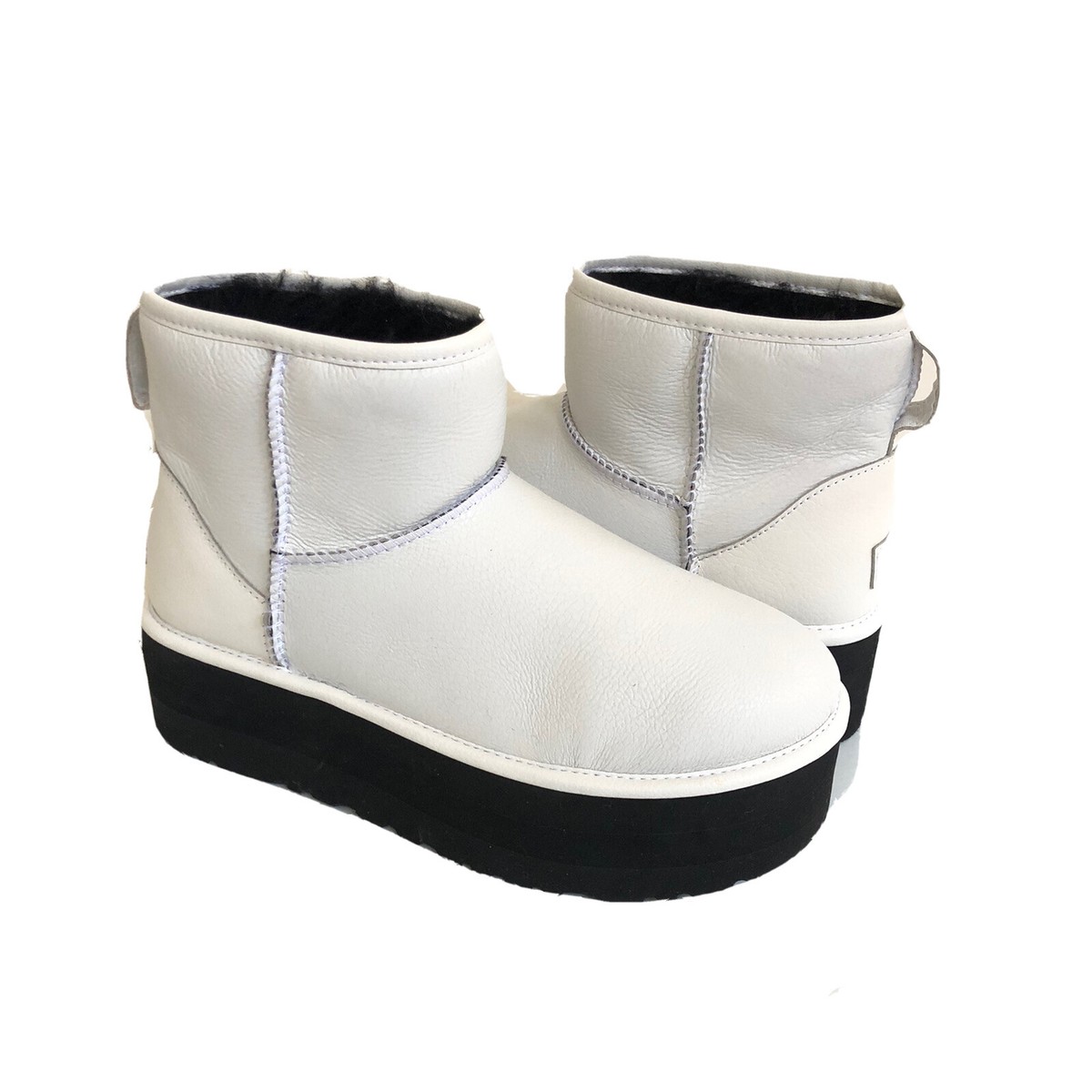 UGG CLASSIC MINI PLATFORM MATTE WHITE SHEARLING LINED BOOT US 9