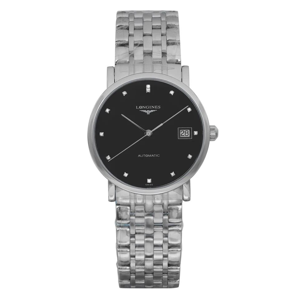 Reloj Longines Elegante Acero Negro Diamante Cuadrante Automático Damas L4.809.4.57.6