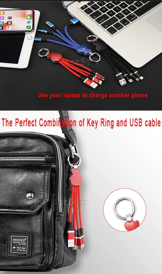 Fast Charging Portable 3in1 Micro USB-C 8Pin Key Ring Cable for Samsung LG Phone - Image 4 of 4