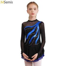 Ice Skating Dress Kids Girls Long Sleeve Rhinestone Ballet Tutu Dance Dresses