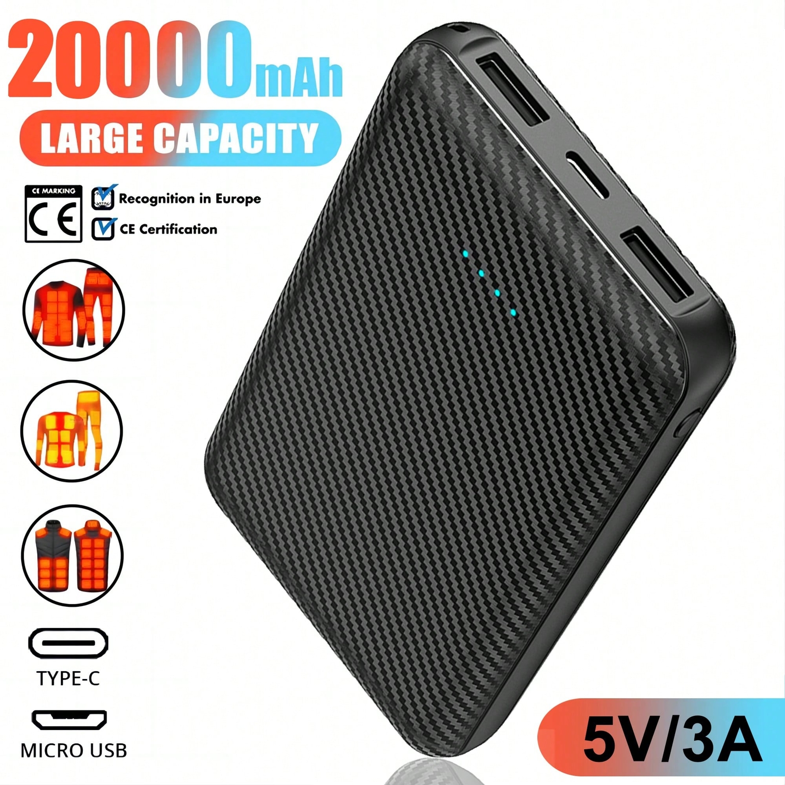5V 3A Power Bank For Heated Vest 20000mAh USB Battery Pack For Scarf Pant Coat S-image