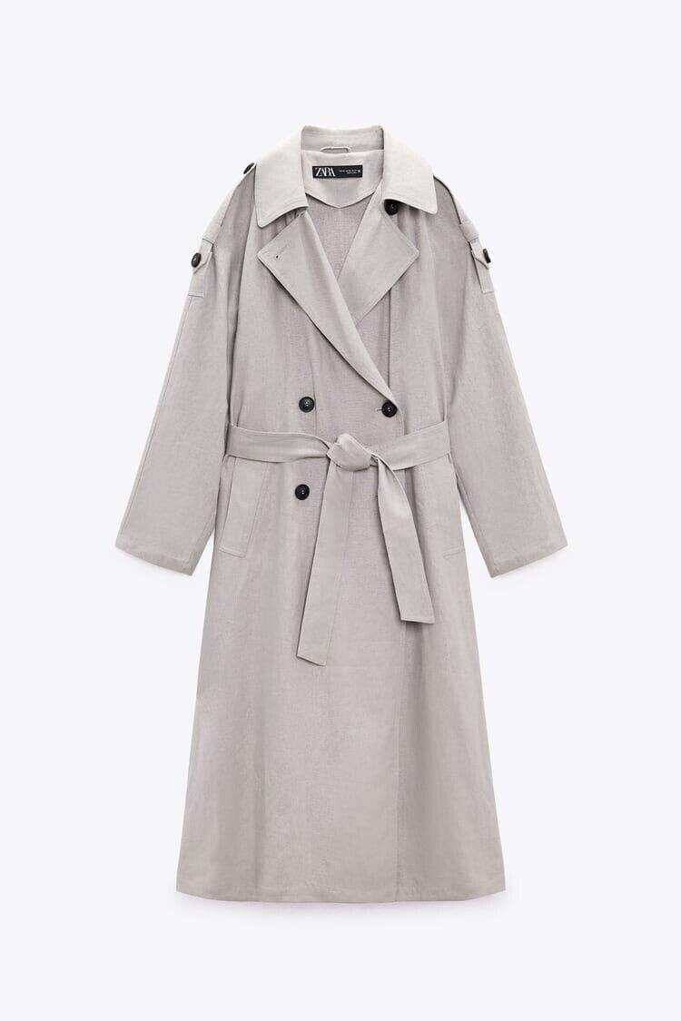 ZARA BELTED DOUBLE BREASTED LINEN BLEND TRENCH COAT Grey REF 8491/021 L  Large