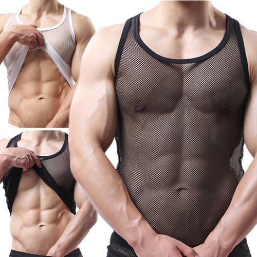 Hombres Sexy Camiseta sin mangas de malla transparente con ribete Camiseta interior Corredor Espalda Chaleco Singles - Imagen 8 de 31