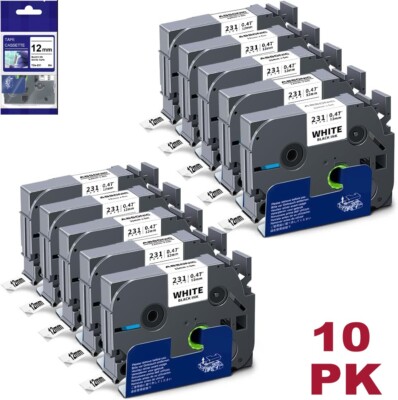 10PK For Brother P-Touch TZe-231 TZ-231 12mm White Standard Laminated Label Tape