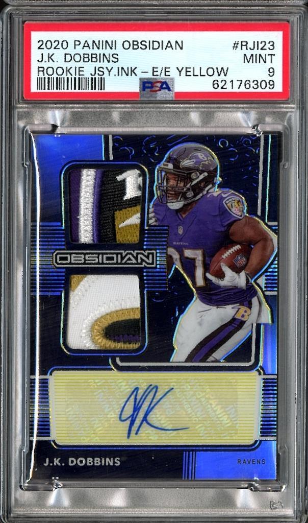 JK Dobbins Panini Obsidian Rookie Jersey Ink #RJI23 Electric Etch-Yellow