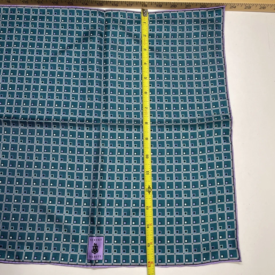 AUTÉNTICO PAÑUELO CUADRADO DE BOLSILLO DE SEDA ROBERT TALBOTT ITALIA Diseñador Púrpura/Verde azulado Foto 3 de 4