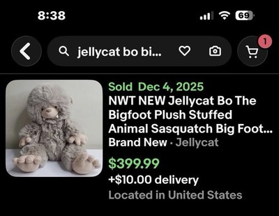 RECEIPT 1 Jellycat Bo Bigfoot & 1 Wilf Wolf 1 OWNER Never 2NDs