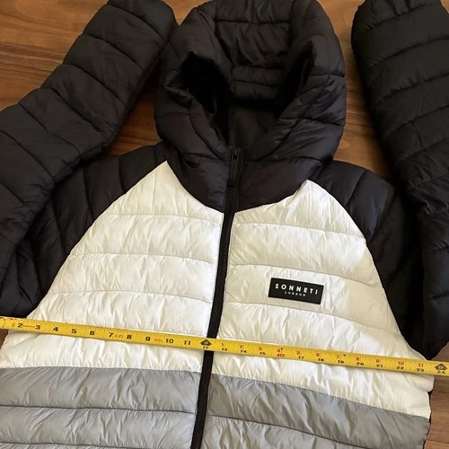 Sonneti London Men’s Puffer Jacket XL Black White Gray Hooded Colorblock Coat image 3