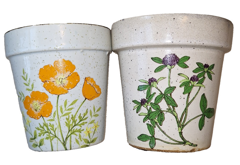 Vintage Small Wildflower Ceramic Set of 2 Flower Pots White Brown Speckles Japan