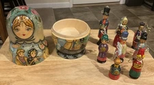 Vintage 9” Russian Nesting Doll with 8 Wooden Ornaments Inside Signed Bottom EX+