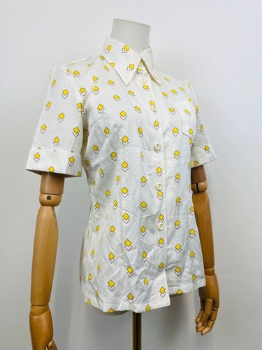 Vintage 70s Japanese White Yellow Geometric Print Dagger Collar Uniform Shirt 8 - Picture 4 of 7