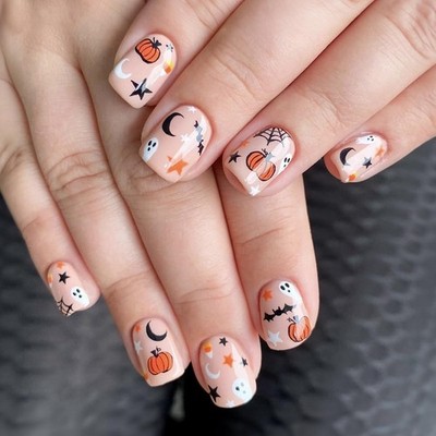 Halloween Press on Nails with Cute Ghost Design, Glossy Nude Short Square Fal...