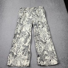 Tahari Wide Leg Crop Pants Womens Large Beige Floral 100 Linen Stretch Waist